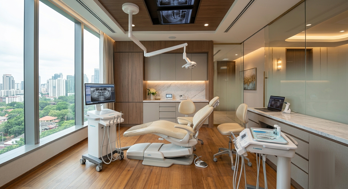 Luxury modern dental treatment room with floor-to-ceiling city view windows, marble countertops, and warm wood cabinetry