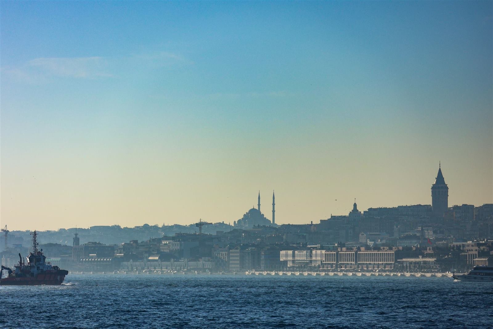 Istanbul skyline across the Bosphorus with the Galata Tower and mosques
